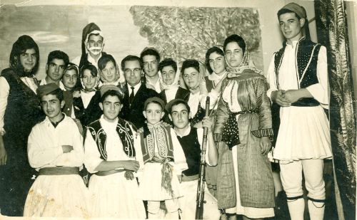 Giorgos Halkias among his students in Karpathos in 1963. Second from the left, Manolis Makris