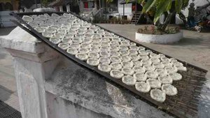 <center><i>Monk food (rice tart cases) drying in the sun</i></center>
